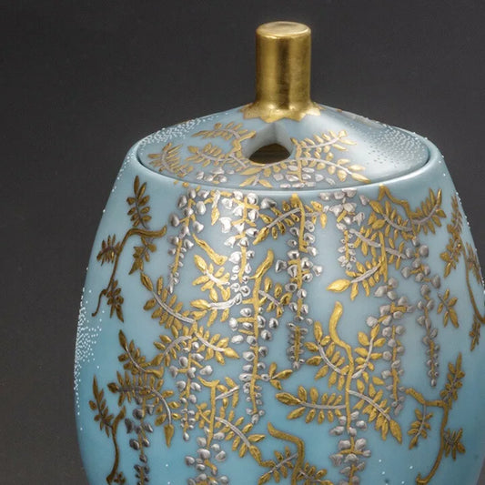 KUTANI WARE INCENSE BURNER - SHIROKANEMORI SHIRAFUJI ZU SHIROTSUBU DESIGN BY KINGYOKU NAKADA