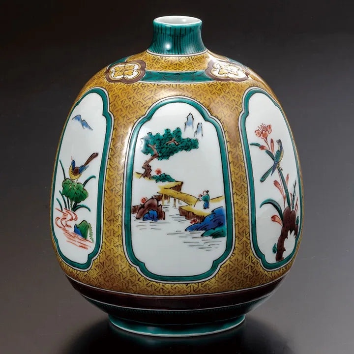 JAPANESE FLOWER VASE KUTANI IROE KO-KUTANI E-KAWARI/TAMEKICHI MITSUI