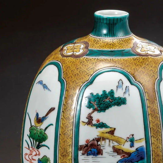 JAPANESE FLOWER VASE KUTANI IROE KO-KUTANI E-KAWARI/TAMEKICHI MITSUI