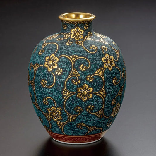 KUTANI WARE FLOWER VESSEL - MORIKIN HOSO FLORAL PATTERN, AOCHIBU DESIGN BY KINGYOKU NAKADA