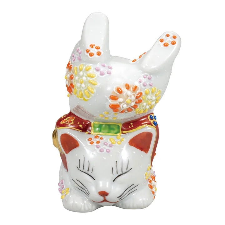 KUTANI WARE LUCKY CAT HANDSTAND CAT WITH SCATTERED FLOWERS