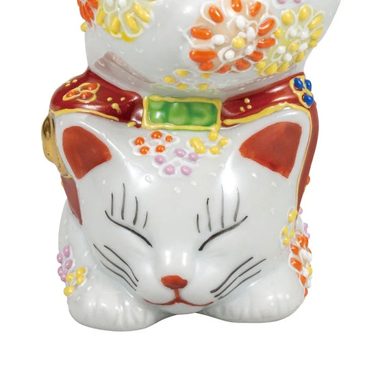KUTANI WARE LUCKY CAT HANDSTAND CAT WITH SCATTERED FLOWERS