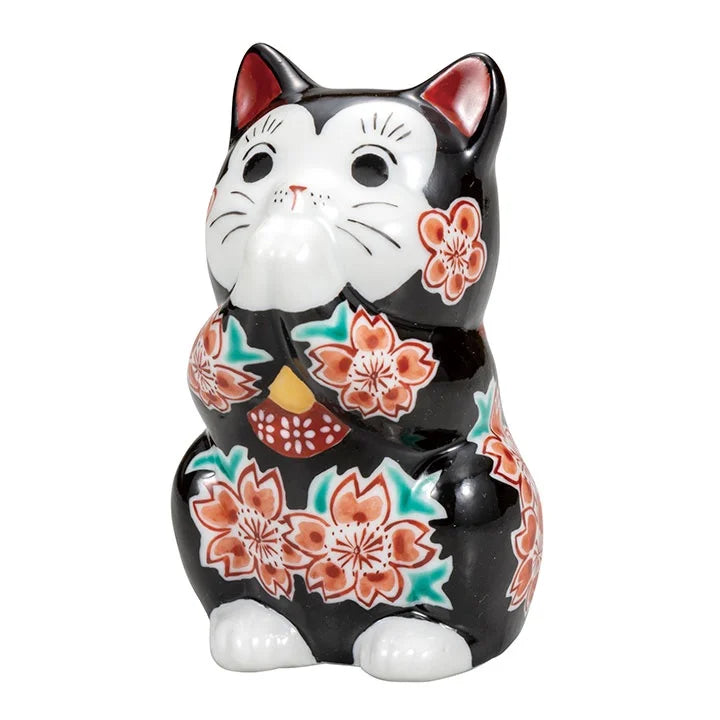 KUTANI WARE LUCKY CAT(MANEKI NEKO) PRAYING CAT WITH BLACK GLAZE AND CHERRY BLOSSOMS