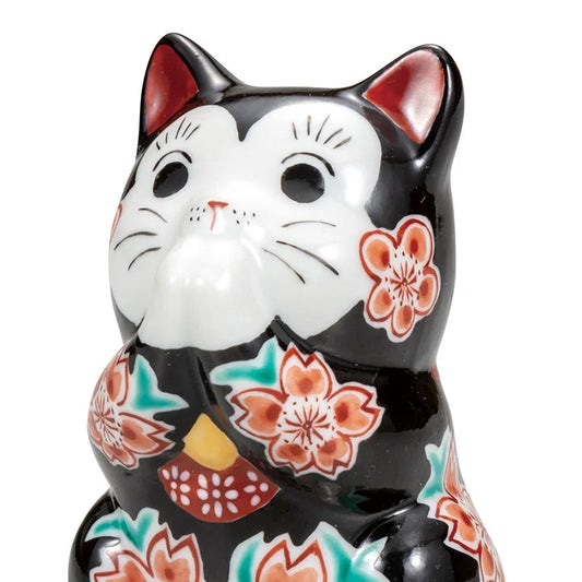 KUTANI WARE LUCKY CAT(MANEKI NEKO) PRAYING CAT WITH BLACK GLAZE AND CHERRY BLOSSOMS