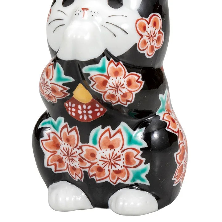 KUTANI WARE LUCKY CAT(MANEKI NEKO) PRAYING CAT WITH BLACK GLAZE AND CHERRY BLOSSOMS