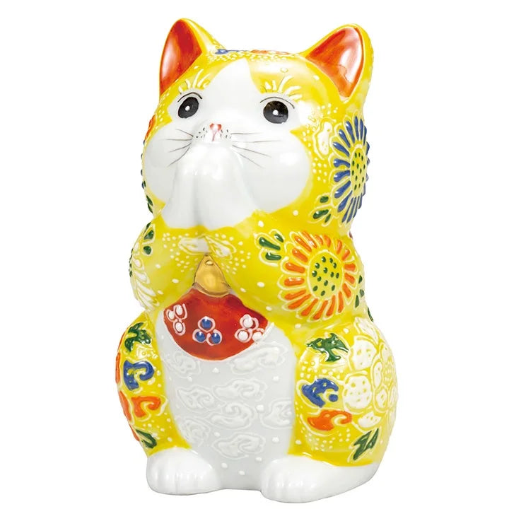 KUTANI WARE LUCKY CAT(MANEKI NEKO) PRAYING CAT YELLOW MORI