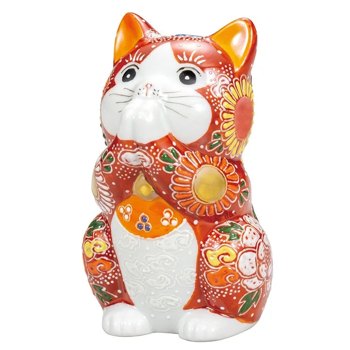 KUTANI WARE LUCKY CAT(MANEKI NEKO) PRAYING CAT RED MORI