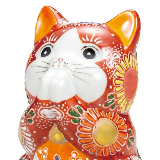 KUTANI WARE LUCKY CAT(MANEKI NEKO) PRAYING CAT RED MORI