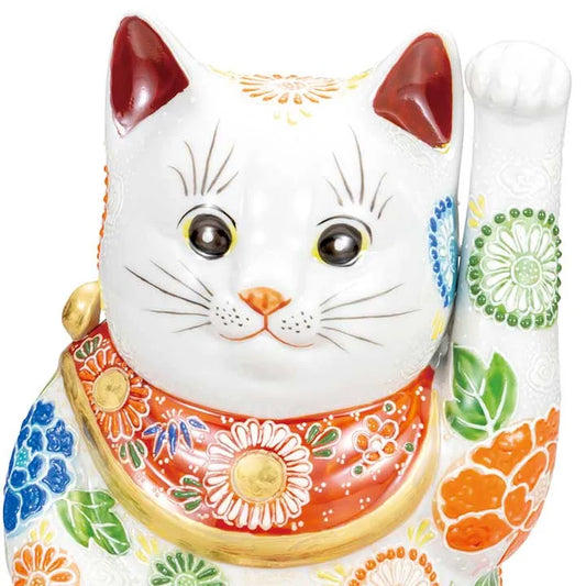 KUTANI JAPANESE LUCKY CAT (MANEKI NEKO) HOLDING A KOBAN COIN WITH "WHITE DECORATION