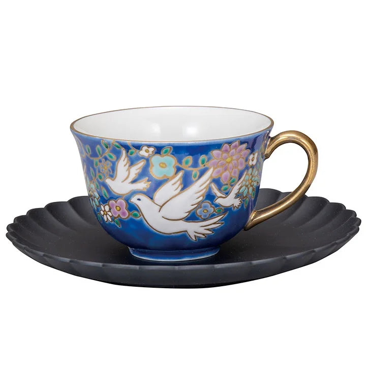 KUTANI WARE CUP & SAUCER WHITE PIGEON