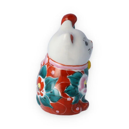 KUTANI WARE LUCKY CAT (MANEKI NEKO) - IROE MUSOU TSUBAKI DESIGN, RED, KOKUZOU KILN