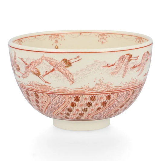 KUTANI WARE MATCHA BOWL CHAWAN CRANE MOTIF/ BUZAN FUKUSHIMA
