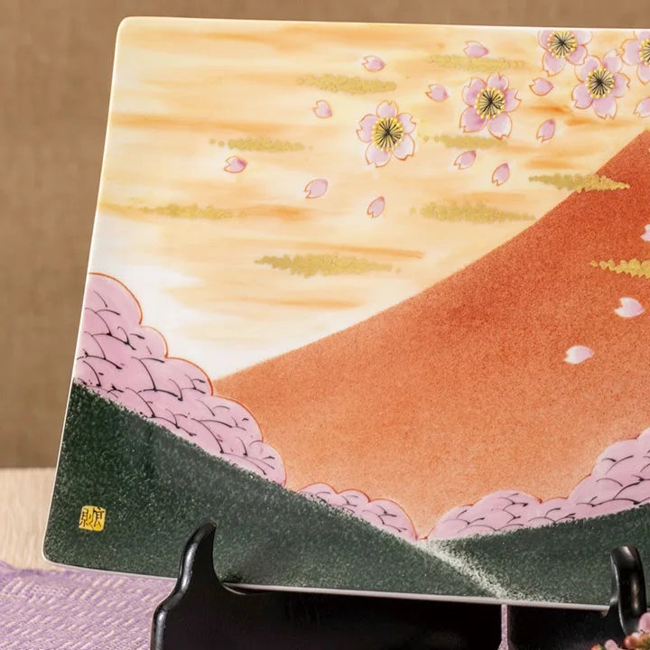 JAPAN KUTANI DECORATIVE PLATE - FUJI AND SAKURA DESIGN WITH STAND, TRADITIONAL JAPANESE CERAMIC ART