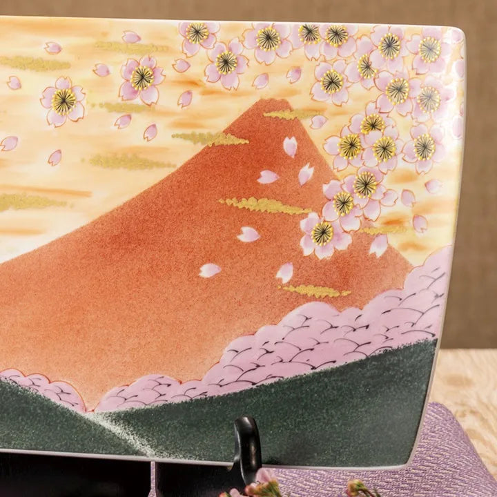 JAPAN KUTANI DECORATIVE PLATE - FUJI AND SAKURA DESIGN WITH STAND, TRADITIONAL JAPANESE CERAMIC ART