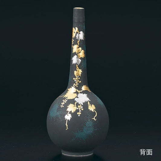 JAPANESE KUTANI WARE FLOWER VASE – PLATINUM ROSE & GRAPE DESIGN WITH AOTIBU BLUE DOTS BY KINGYOKU NAKATA