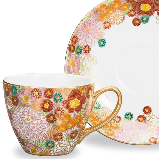 KUTANI WARE CUP & SAUCER KIN-HANAZUME DESIGN