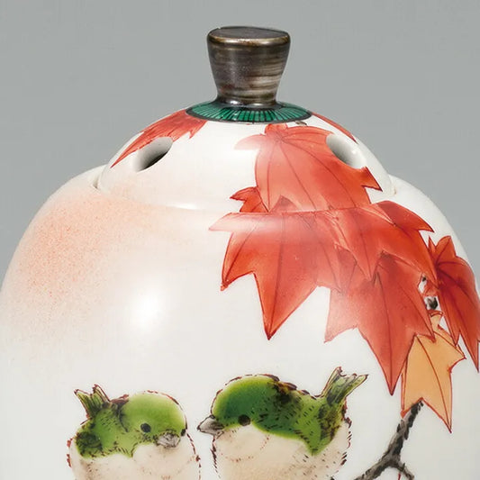 KUTANI WARE INCENSE BURNER “BIRD AND AUTUMN MAPLE” BY TOSHITO NAKAMURA (WOODEN BOX INCLUDED)