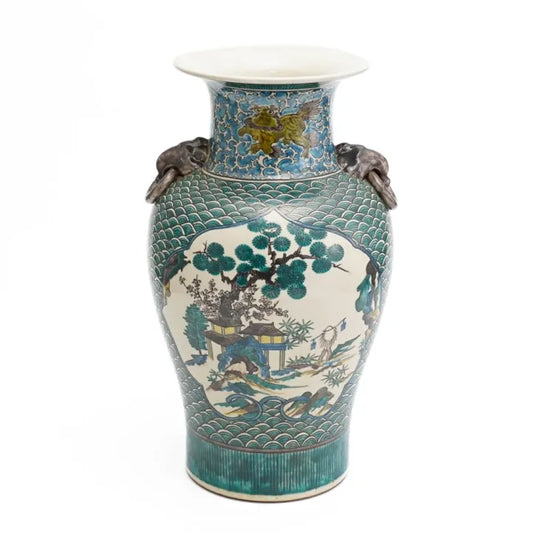 JAPANESE FLOWER VASE KUTANI FIVE-COLOR HANDLED VASE