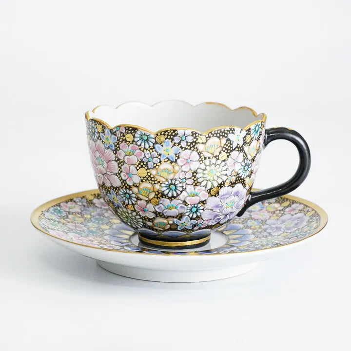 JAPANESE KUTANI CUP & SAUCER SET – HANA-ZUME FLORAL GOLD DECORATION BY ARTIST TAKAFUMI TAKA