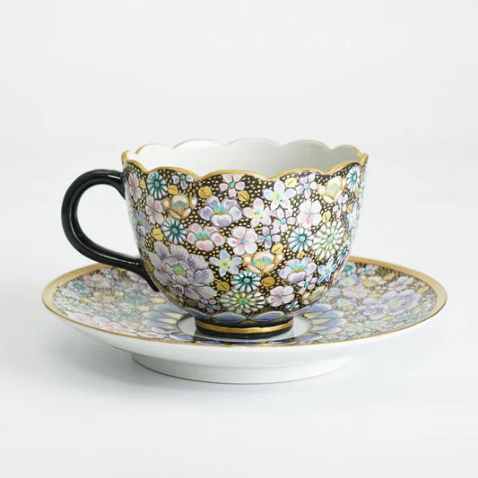 JAPANESE KUTANI CUP & SAUCER SET – HANA-ZUME FLORAL GOLD DECORATION BY ARTIST TAKAFUMI TAKA