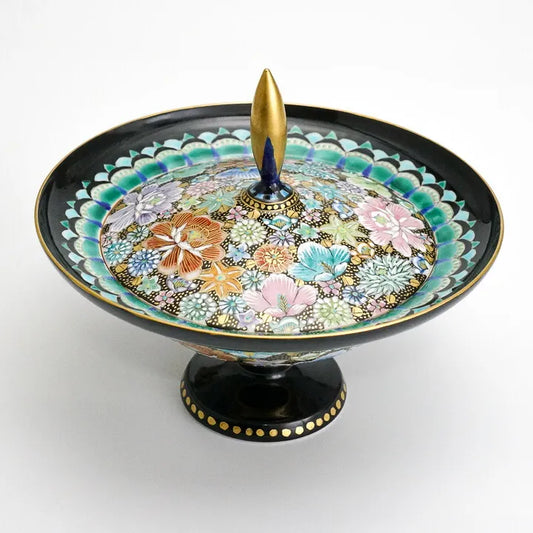 KUTANI WARE PEDESTAL PLATE – IROE KINRAN HANA-TSUME BY TAKAFUMI TAKA, JAPANESE PORCELAIN