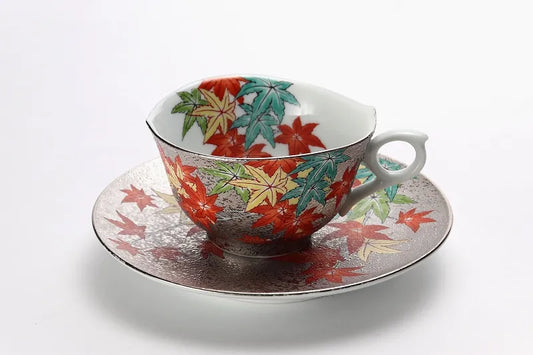 ARITA WARE “PLATINUM MAPLE” COFFEE CUP & SAUCER – KINRYU KILN | JAPANESE PORCELAIN WITH WOODEN BOX