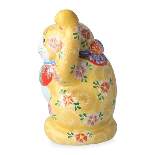 KUTANI WARE LUCKY CAT(MANEKI NEKO) WITH YELLOW BASE AND CHERRY BLOSSOM RAISED DESIGN (LEFT PAW RAISED)