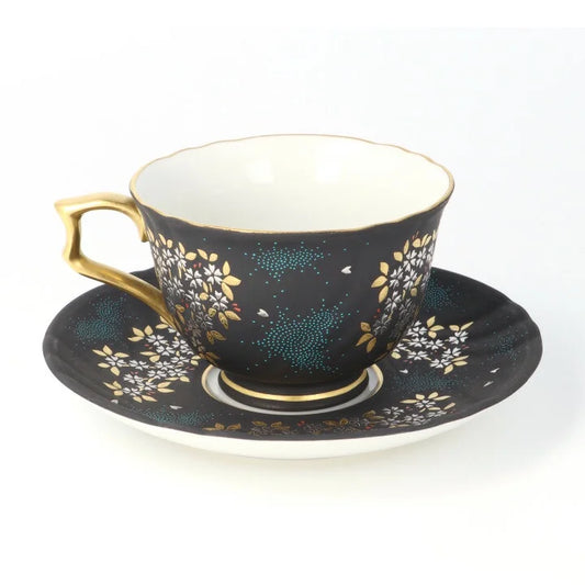 KUTANI WARE COFFEE CUP & SAUCER(SHIROKANEMORI WEEPING CHERRY BLOSSOM AOCHIBU)/KIGYOUKU NAKADA