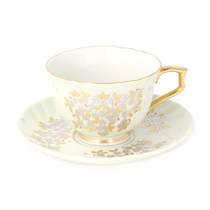 KUTANI COFFEE CUP & SAUCER SHIROKANEMORI WEEPING CHERRY BLOSSOM DESIGN SHIROCHIBU/KINGYOKU NAKADA