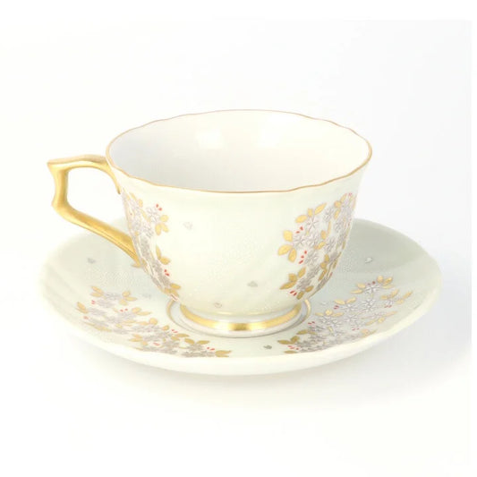 KUTANI COFFEE CUP & SAUCER SHIROKANEMORI WEEPING CHERRY BLOSSOM DESIGN SHIROCHIBU/KINGYOKU NAKADA