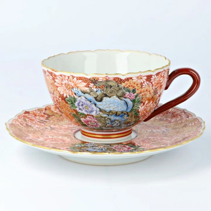 KUTANI WARE CUP & SAUCER AKAE KINRAN HANAZUME SHISHI/ DAIKI YAMAZAKI