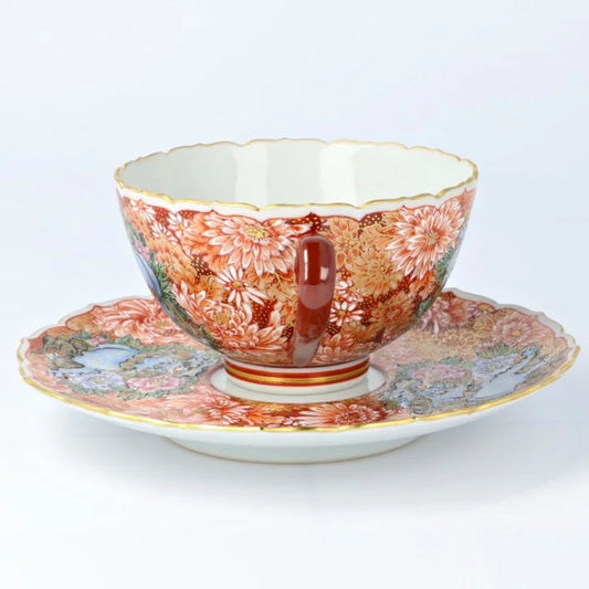 KUTANI WARE CUP & SAUCER AKAE KINRAN HANAZUME SHISHI/ DAIKI YAMAZAKI