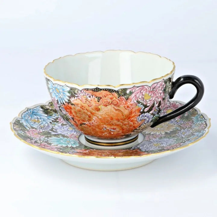 KUTANI WARE CUP & SAUCER KINRAN HANAZUME SHISHI/ DAIKI YAMAZAKI