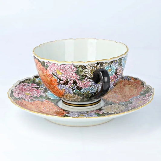 KUTANI WARE CUP & SAUCER KINRAN HANAZUME SHISHI/ DAIKI YAMAZAKI