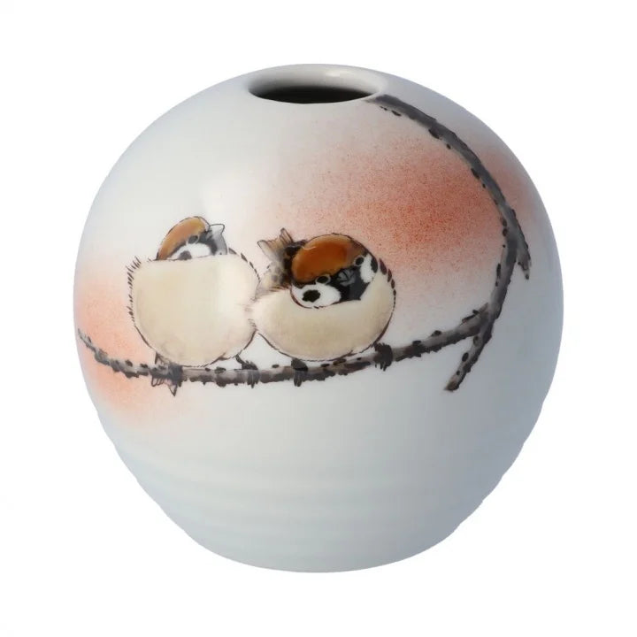 KUTANI JAPANESE SINGLE FLOWER VASE - MARU-GATA NIJAKU-ZU (ROUND SHAPE, TWO SPARROWS DESIGN)/TOSHITO NAKAMURA