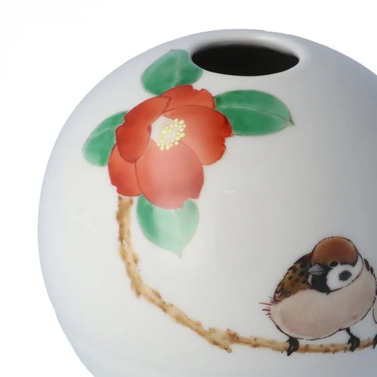 KUTANI JAPANESE SINGLE FLOWER VASE MARU-GATA TUBAKI NIJAKU-ZU / TOSHITO NAKAMURA
