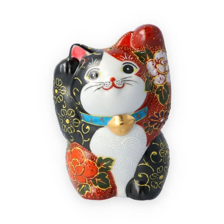 KUTANI WARE BOTH HANDS RAISED MANEKI NEKO RED AND BLACK MORI