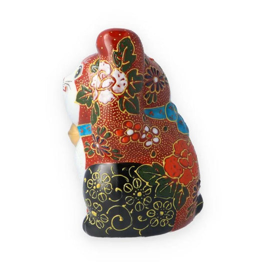 KUTANI WARE BOTH HANDS RAISED MANEKI NEKO RED AND BLACK MORI