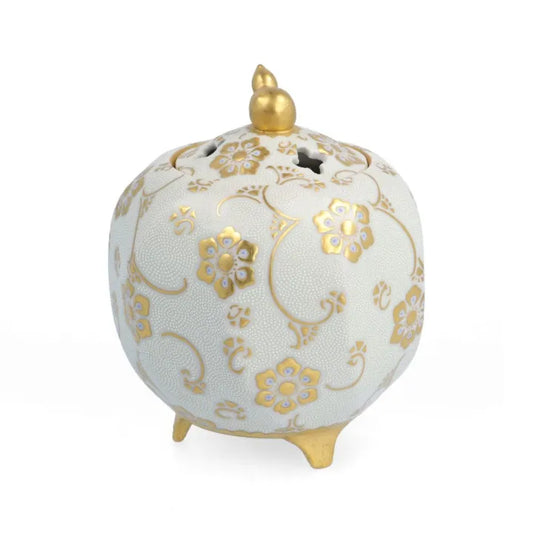KINGYOKU NAKADA KUTANI INCENSE BURNER – WHITE BEADS WITH GOLD CLEMATIS DESIGN