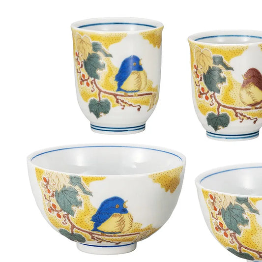 KUTANI WARE PAIR RICE BOWL SET YOSHIDAYA-STYLE SPARROWS