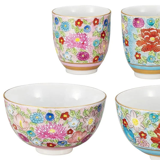 KUTANI WARE SAKE CUP & TEA CUP SET – HON-KIN HANA-ZUME DESIGN BY TAISHI KILN (GIFT BOX INCLUDED)