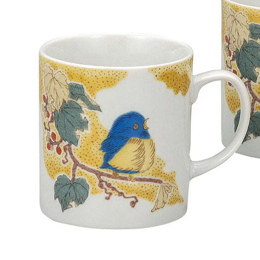 KUTANI WARE PAIR MUG CUPS – JAPANESE PORCELAIN MUGS WITH YOSHIDAYA SPARROW DESIGN, HAND-PAINTED TRADITIONAL KUTANI