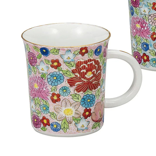 KUTANI WARE MUG CUP PAIR – HAND-PAINTED GENUINE GOLD HANA-TSUME DESIGN BY TAISHI KILN (GIFT BOX)