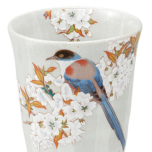 JAPANESE KUTANI PORCELAIN FREE CUP – BIRD & WILD CHERRY BLOSSOM DESIGN