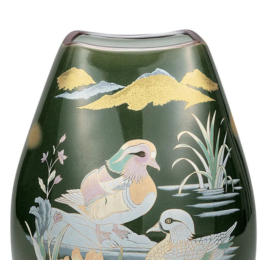 KUTANI WARE JAPANESE VASE “MANDARIN DUCKS (OSHIDORI)” WITH WOODEN STAND