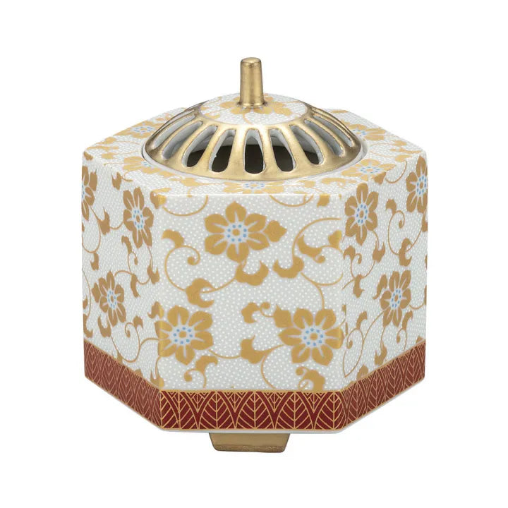 KUTANI WARE INCENSE BURNER – SHIRO CHIBU TESSEN (WHITE BEADED CLEMATIS DESIGN
