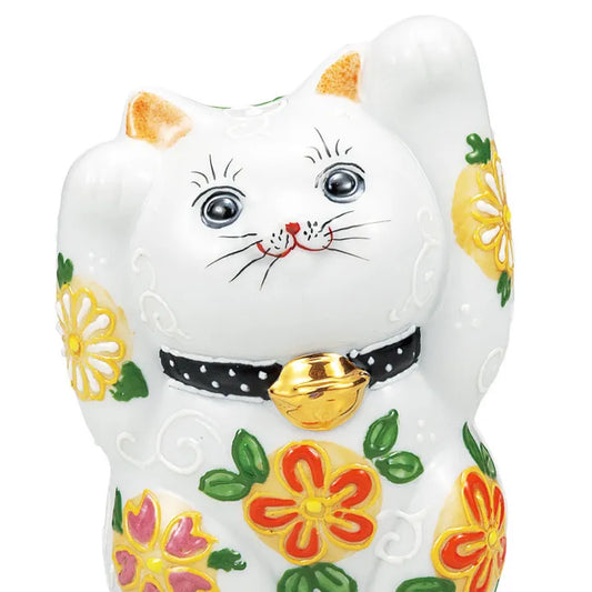 KUTANI WARE DOUBLE-PAW LUCKY CAT ‘HANA-HANA’ – HAND-PAINTED MANEKI NEKO FIGURINE