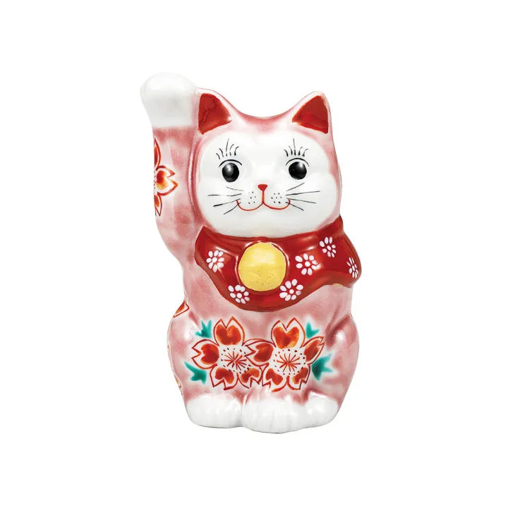 KUTANI WARE MANEKI NEKO – JAPANESE LUCKY CAT FIGURINE IN PINK GLAZE WITH SAKURA (CHERRY BLOSSOM) MOTIF, HAND-PAINTED PORCELAIN