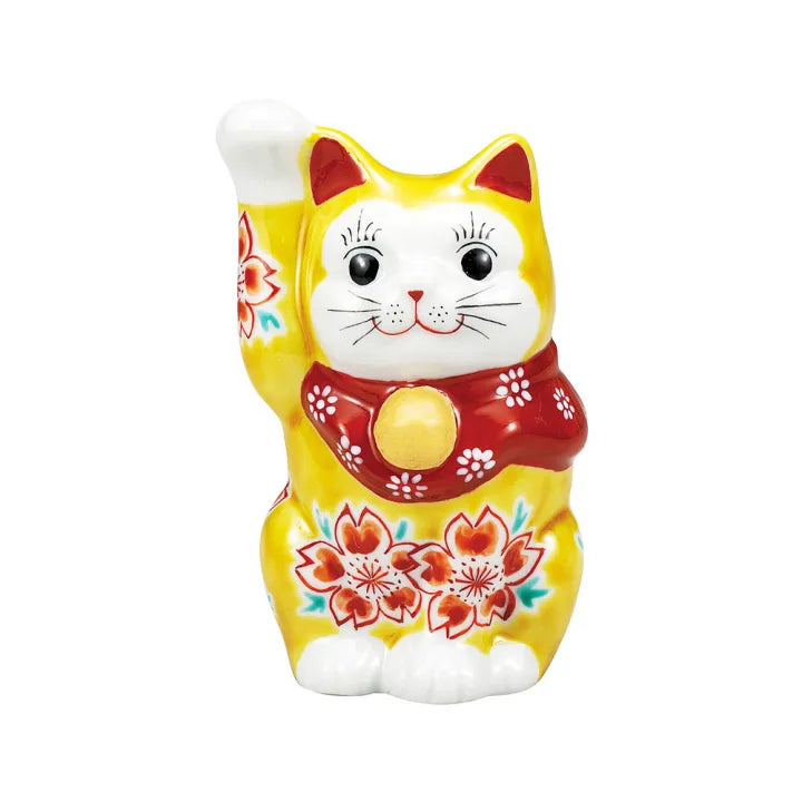 KUTANI WARE MANEKI NEKO – LUCKY CAT FIGURINE IN YELLOW GLAZE WITH SAKURA (CHERRY BLOSSOM) MOTIF