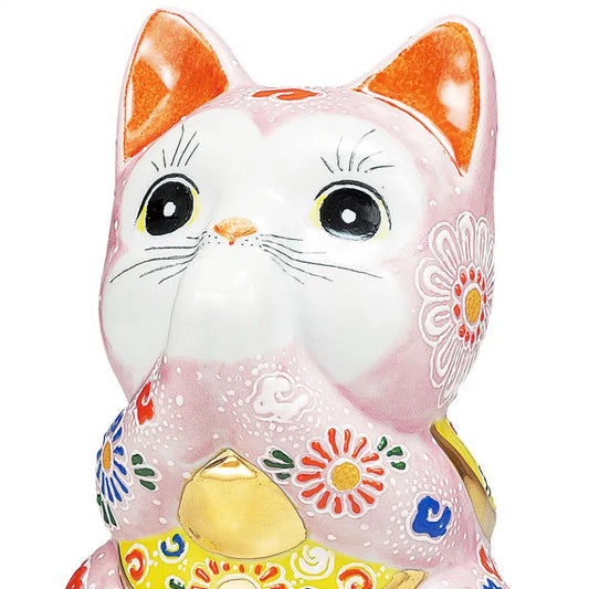 KUTANI WARE PRAYER CAT ‘PINK MORI’ – HAND-PAINTED MANEKI NEKO FIGURINE